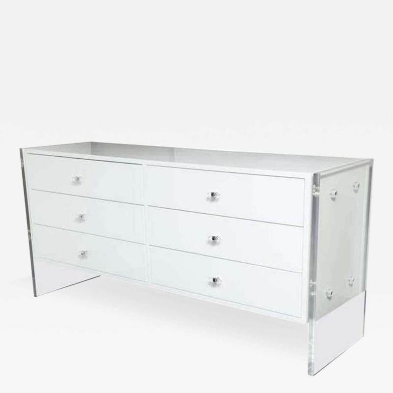  Venfield Custom 6 Drawer White Lacquer Dresser with Acrylic Side Panels