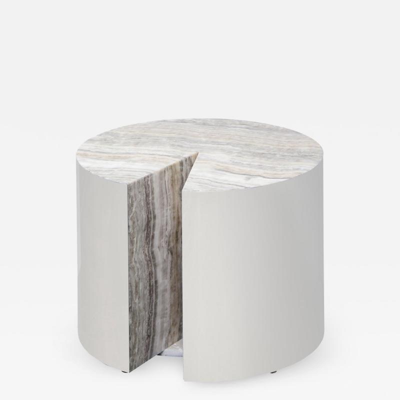  Venfield Custom Onyx and Wrapped Stainless Steel Side Table