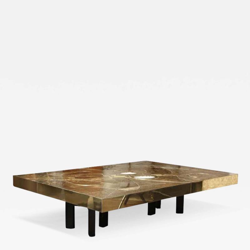  Venfield Custom Spectacular Etched Brass and Double Agate Rectangular Cocktail Table