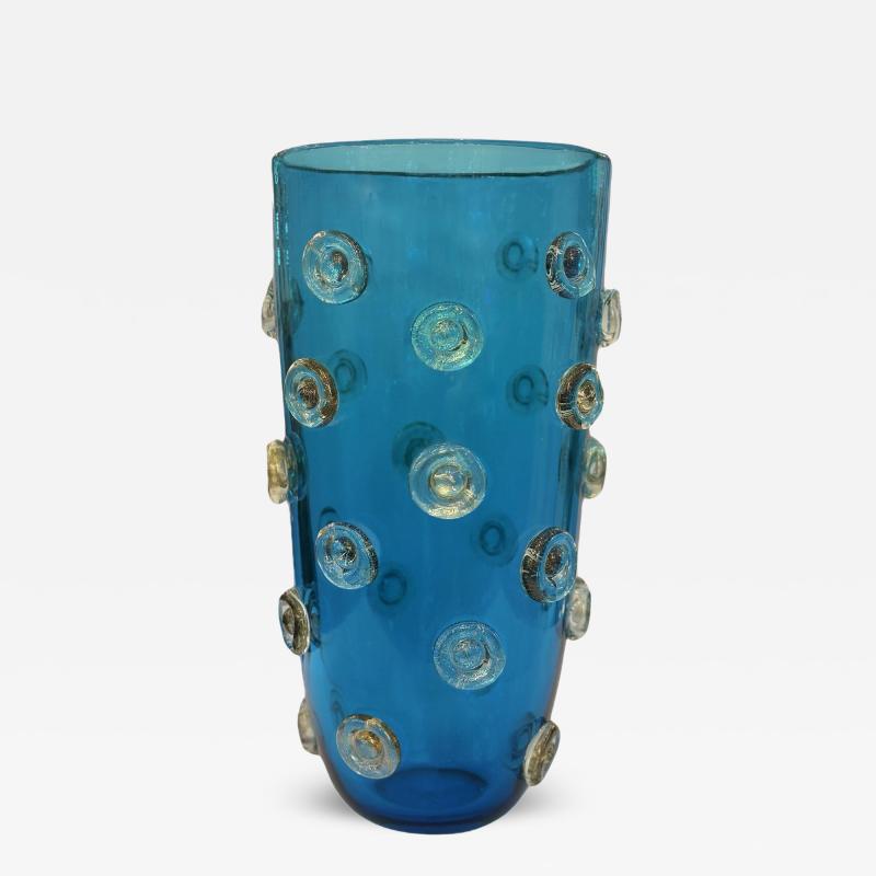  Venfield Hand Blown Deep Blue Murano Glass Vase with Gold Leaf Infused Raised Dot Design