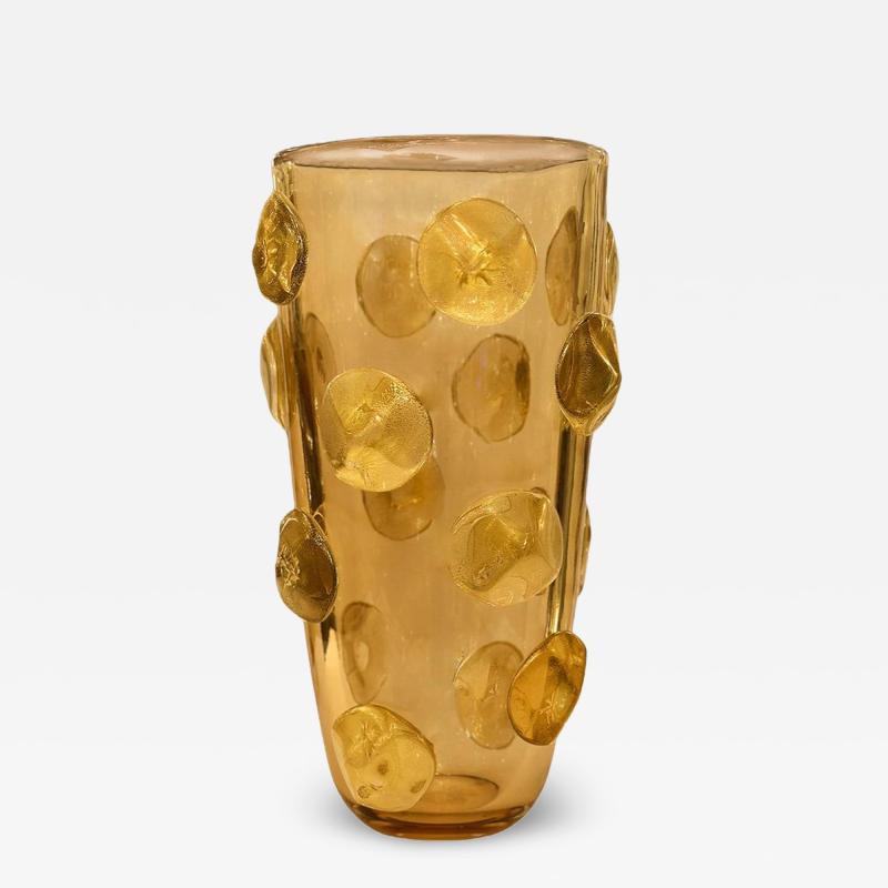  Venfield Hand Blown Topaz Murano Glass Vase With Gold Leaf Infused Raised Dot Design