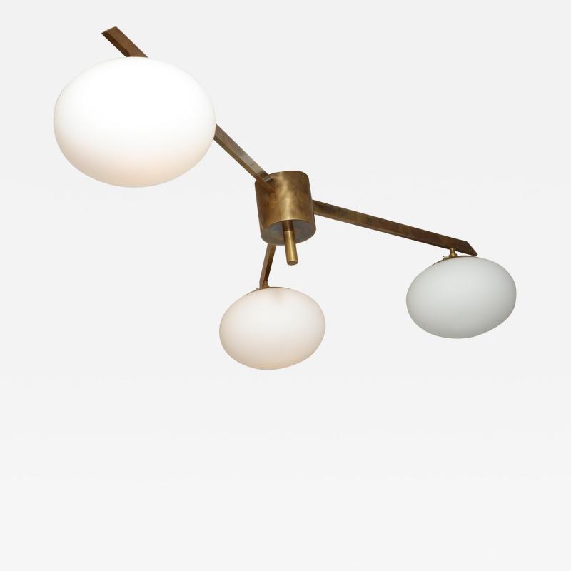  Venfield Italian Three Globe Opaline Glass Elongated Chandelier with Brass Frame