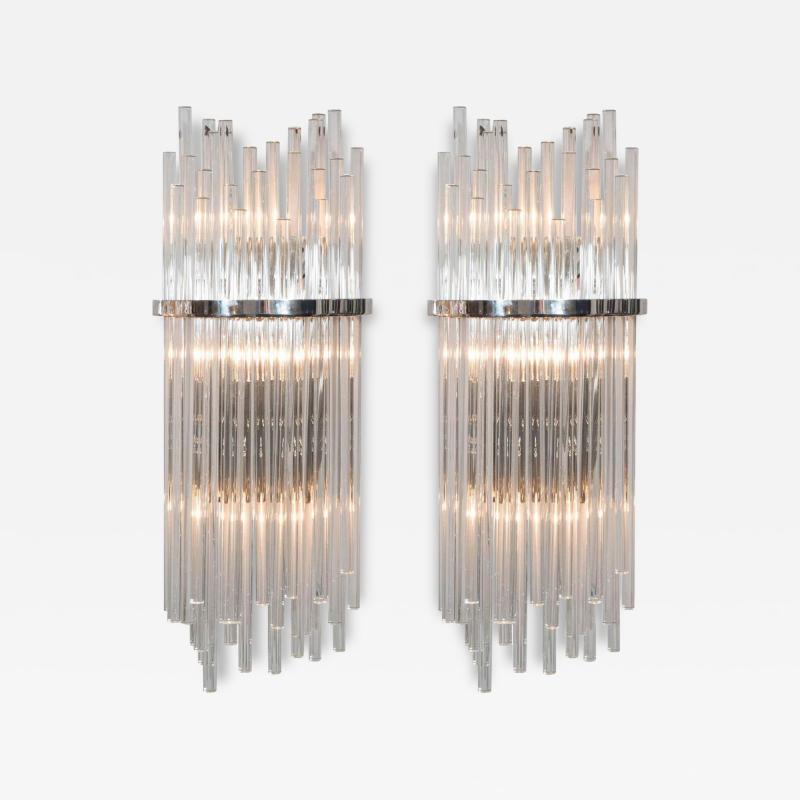  Venfield Pair of Custom Large Glass Rod Sconces with Polished Nickel Frame