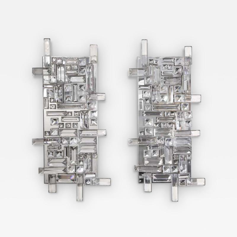  Venfield Pair of Enormous Polished Nickel Sconces with Austrian Baguette Crystals