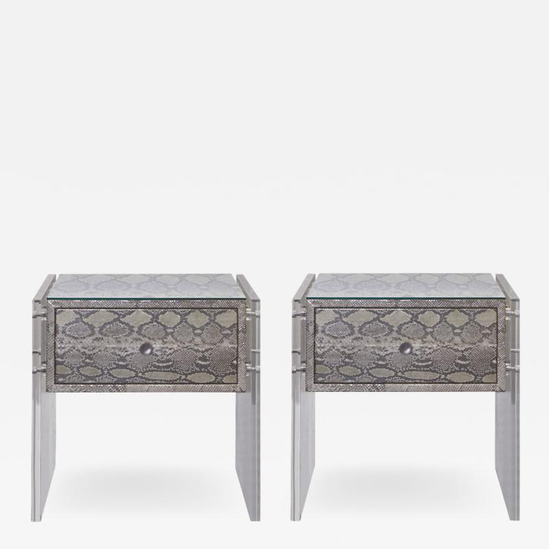  Venfield Pair of Exotic Python and Lucite Nightstands