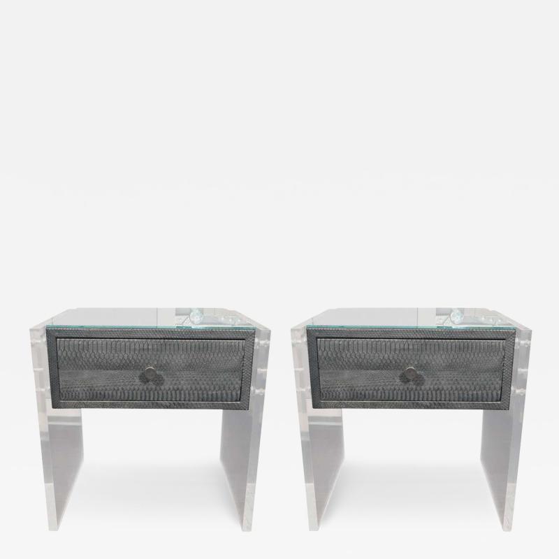  Venfield Pair of Gunmetal Gray Python Nightstands with Lucite Side Panels