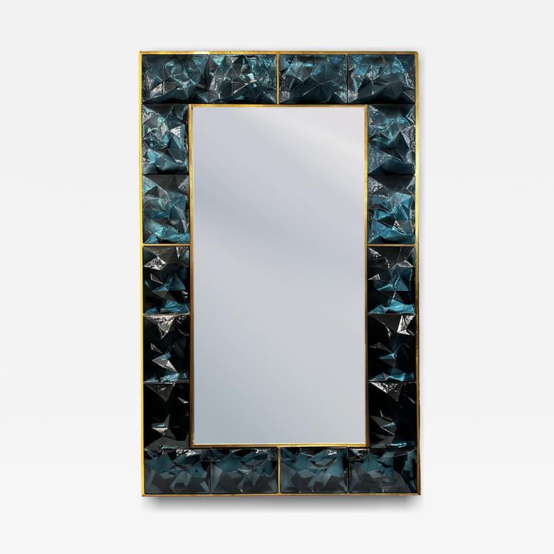  Venfield Teal Faceted Murano Glass Block Mirror with Brass Trim