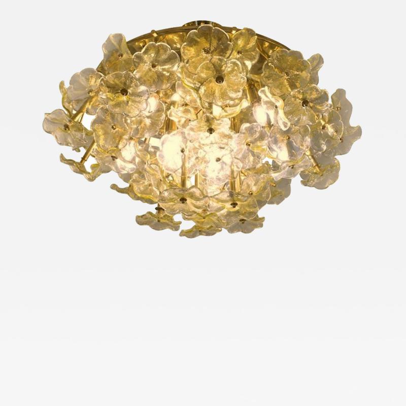  Venini 1970s Italian Buttercup Yellow Murano Glass Flower Brass Chandelier Flush Mount