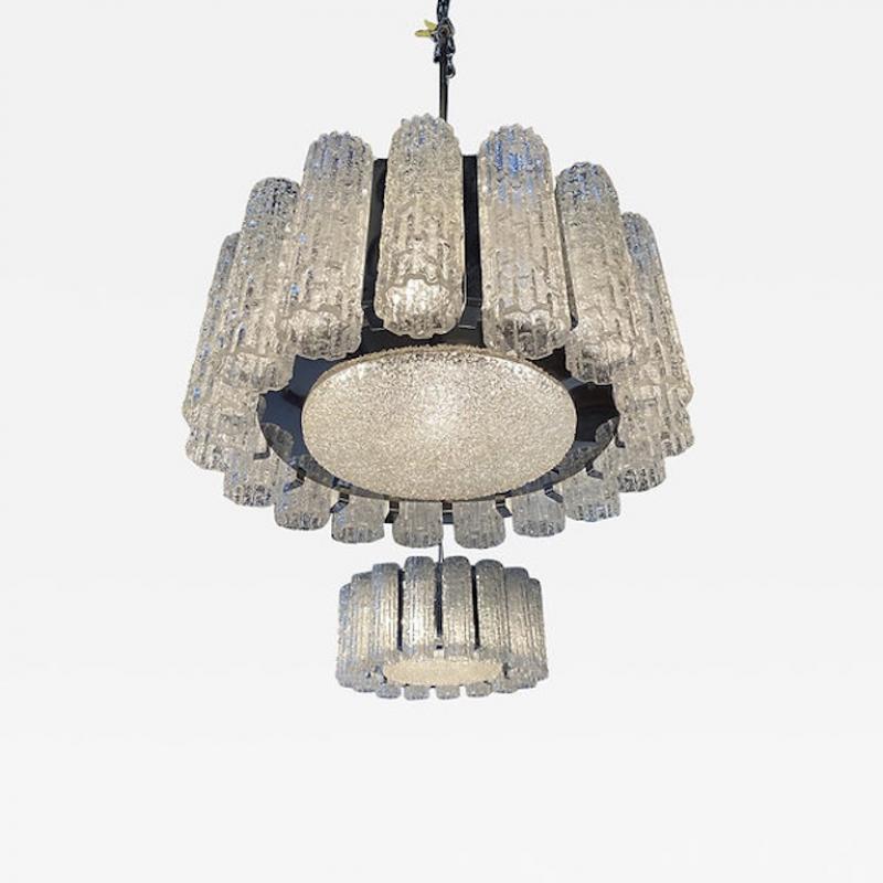  Venini A Pair Italian Modern Polished Nickel and Hand Blown Glass Chandeliers Venini