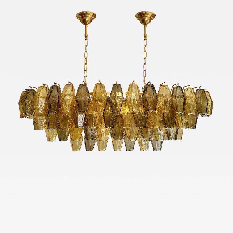  Venini Contemporary Amber and Fum Poliedri Murano Glass Chandelier in Venini Style