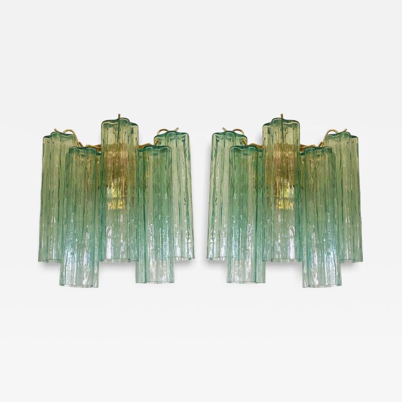  Venini Contemporary Green Tronchi Murano Glass Wall Sconce in Venini Style a Pair