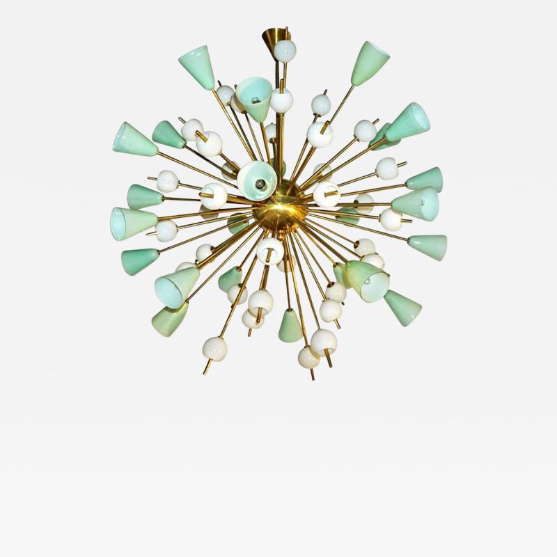  Venini Italian White and Mint Green Murano Glass Sputnik Brass Chandelier