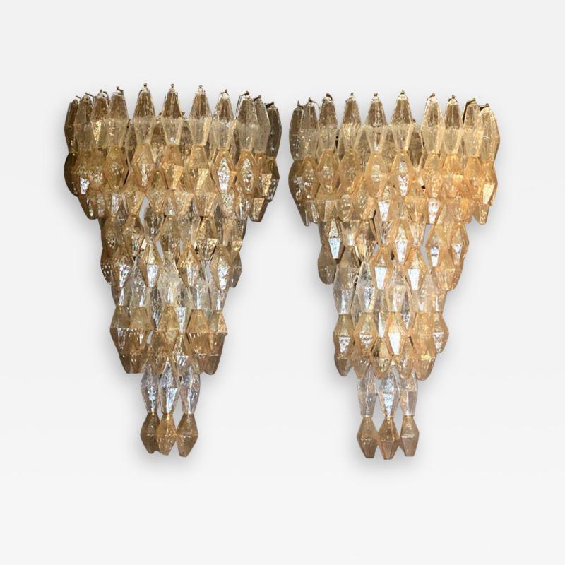 Venini Late 20th Century Pair of Transparent and Amber Polyhedrons Murano Glass Sconces