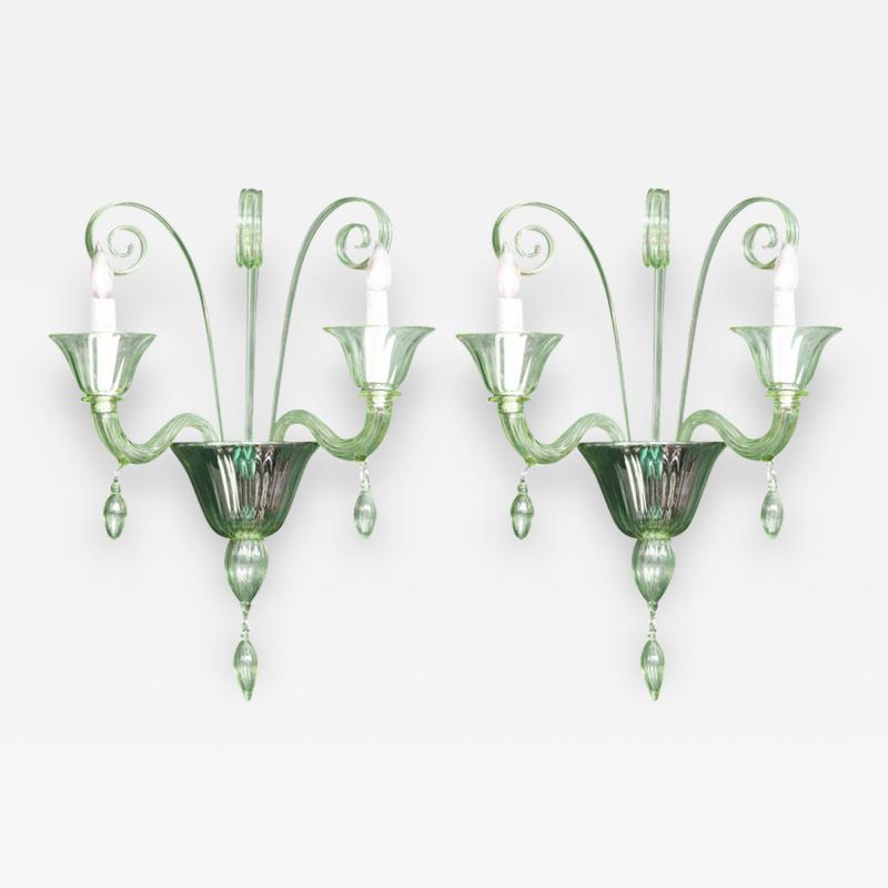  Venini Pair of Venini Style Light Green Murano Glass and Chrome Sconces Italy