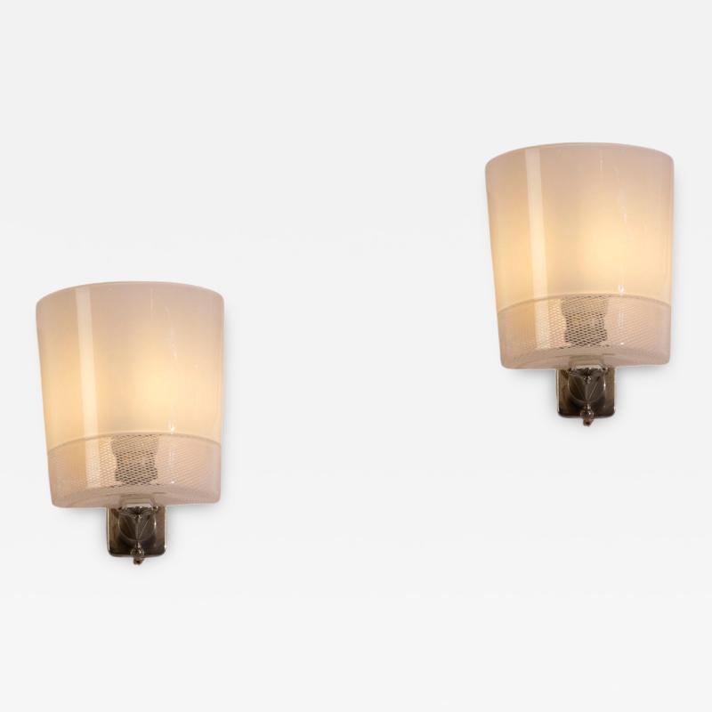  Venini Pair of Venini Wall Sconces in Lattimo and Reticello Murano Glass 1950s
