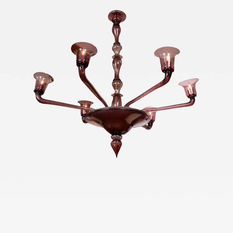  Venini Rare Veronese Six Arm Uplight Murano Chandelier In Plum By Venini