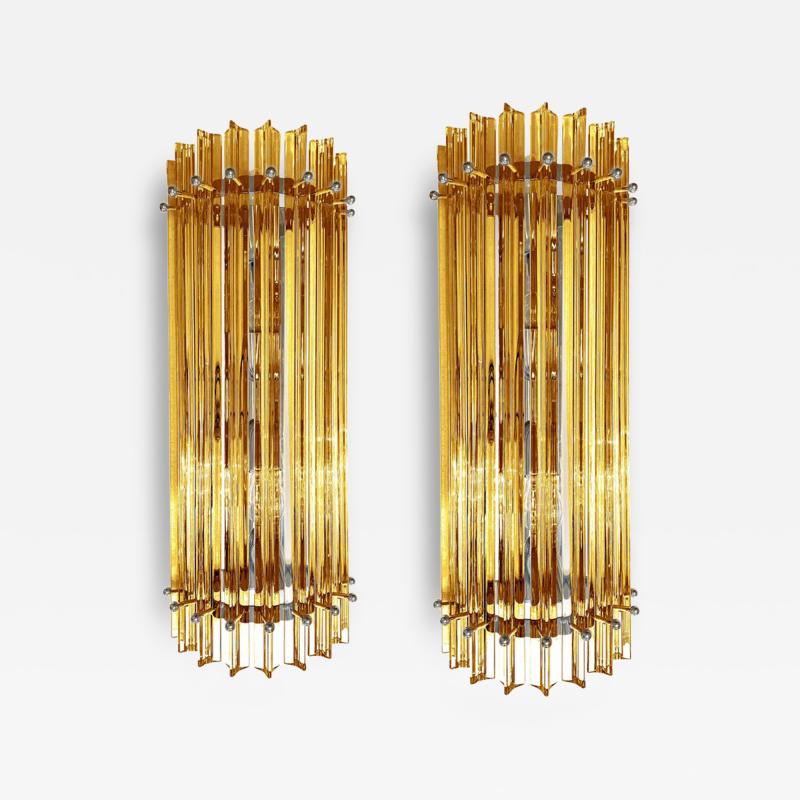  Venini Set of Two Contemporary Amber Triedro Murano Glass Wall Sconce in Venini Style