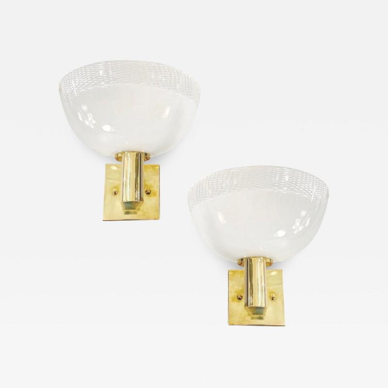  Venini Venini 1960s Italian Art Deco Design White Murano Glass Bowl Brass Wall Lights