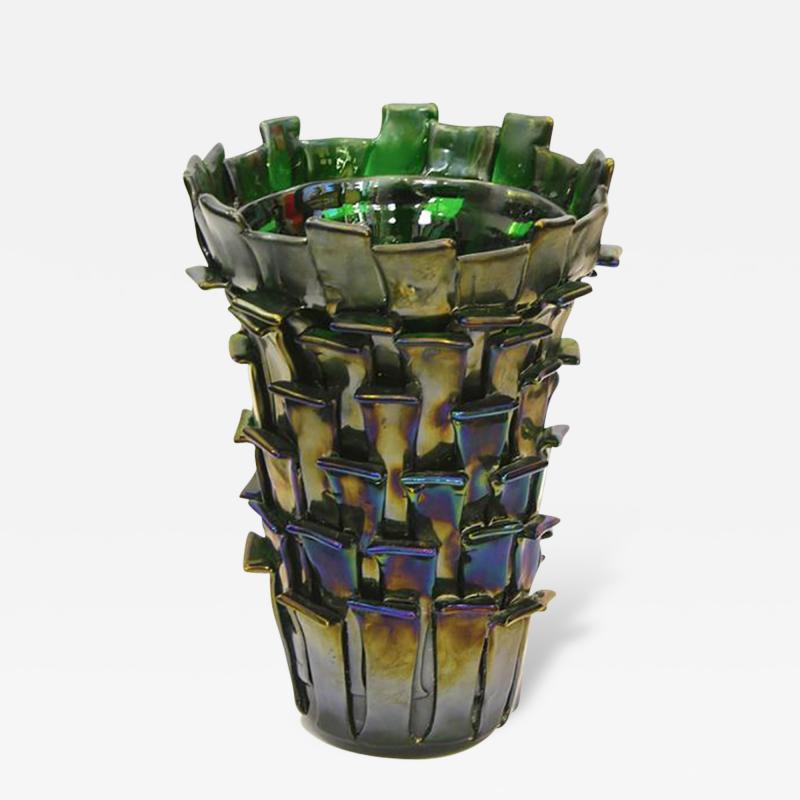  Venini Venini Ritagli 2010 Sculptural Iridescent Green Murano Glass Vase