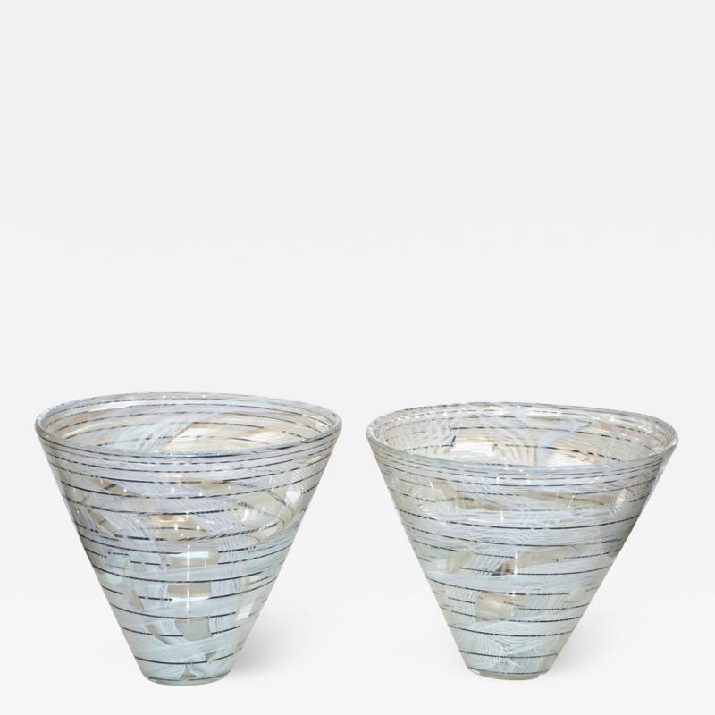  Venini Vintage Venini Pair of Crystal Murano Glass Vases with Black and White Murrine