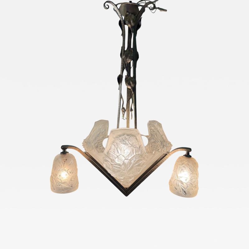  Verdun FRENCH ART DECO FULL BLOOM ROSES CAST GLASS SLIP SHADE WROUGHT IRON CHANDELIER