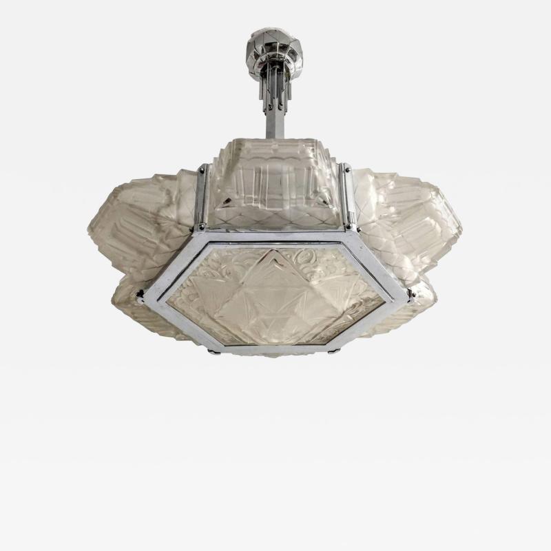  Verrerie des Hanots French Art Deco Pendant Chandelier by Hanot