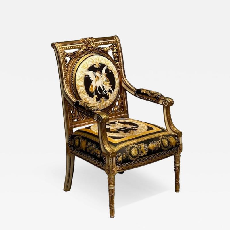  Versace Louis XVI French Arm Chair Versace Fabric Giltwood France 1960s