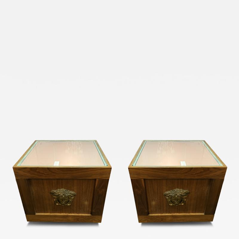  Versace MODERN ILLUMINATED PAIR OF WOOD GLASS AND GILT MEDUSA INTAGLIO TABLES