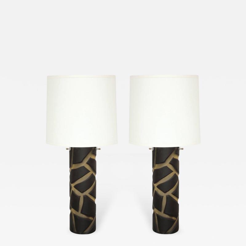  Vetri Murano Pair of Deep Cut Frosted Black and White Giraffe Vivarini Murano Glass Lamps