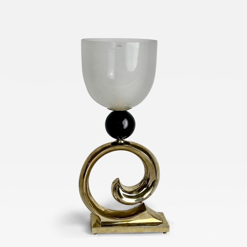  Vistosi Late20th Century Brass Black Ceramic White Murano Glass Table Lamp by Vistosi