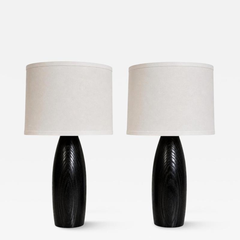  Visual Comfort Company Marian Jamieson Ebonized Oak Bullet Lamps with Oyster Linen Shades
