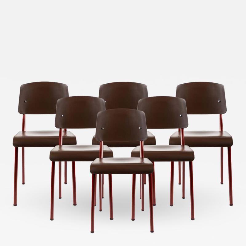 Vitra Set of 6 Jean Prouv Standard SP Chairs in Teak Brown and Red for Vitra