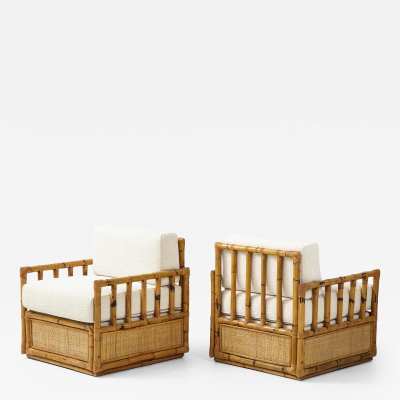  Vivai del Sud Pair Bamboo and Rattan Lounge Chairs by Vivai del Sud Ivory Boucle Italy 1970