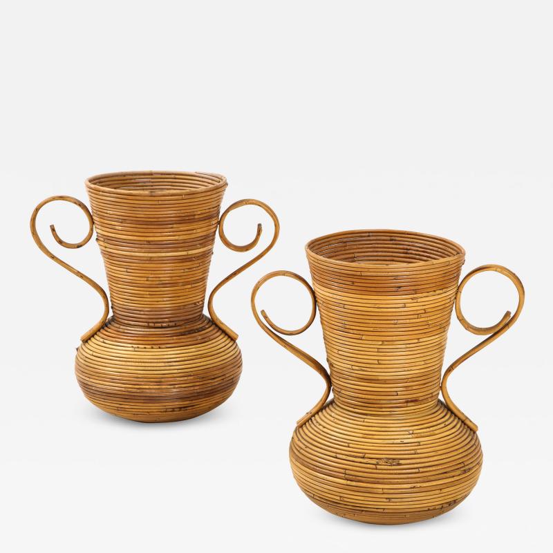  Vivai del Sud Pair of Vivai del Sud Italian Rattan Vases with Handles