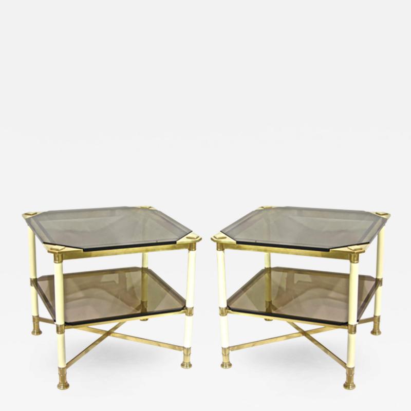  Vivai del Sud Vivai del Sud 1970s Rare Pair of Smoked Glass and Ivory Brass Side Tables