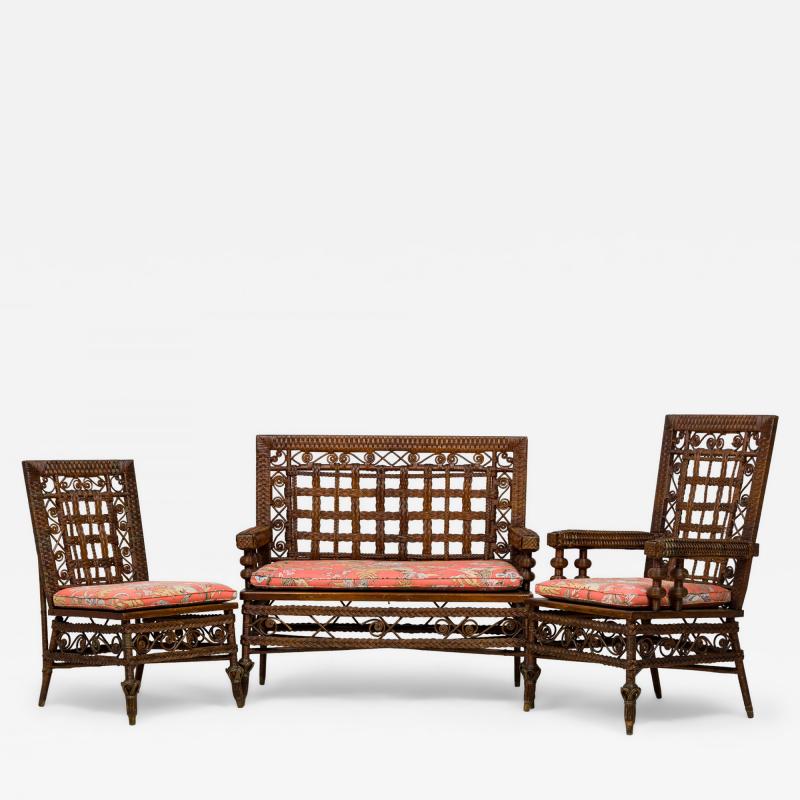  Wakerfield Rattan 3 Piece Wicker Scroll and Lattice Design Seating Set with Floral Cushions