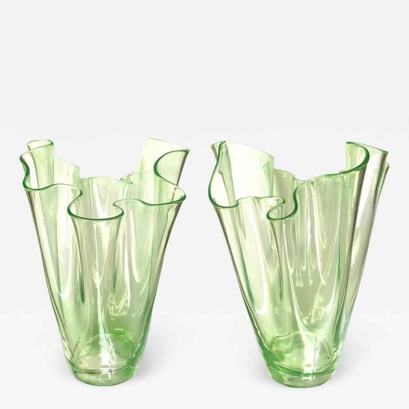  Wave Murano Glass Shapely Pair of Murano Art Deco Chartreuse Glass Handkerchief Vases