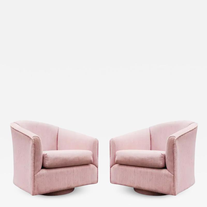  Weiman Preview Furniture Post Modern Pair Barrel Form Pink Upholstered Swivel Lounge Chairs 1980s