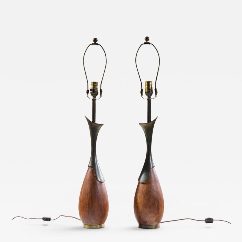  Westwood Industries Tony Paul for Westwood Industries Mid Century Walnut and Brass Lamps Pair