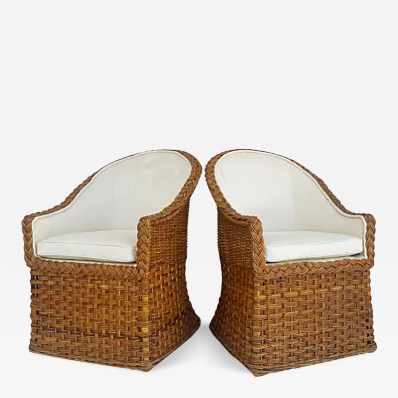  Wicker Works Wicker Works Braided Rattan Club Chairs New Upholstery 1 Pair Available