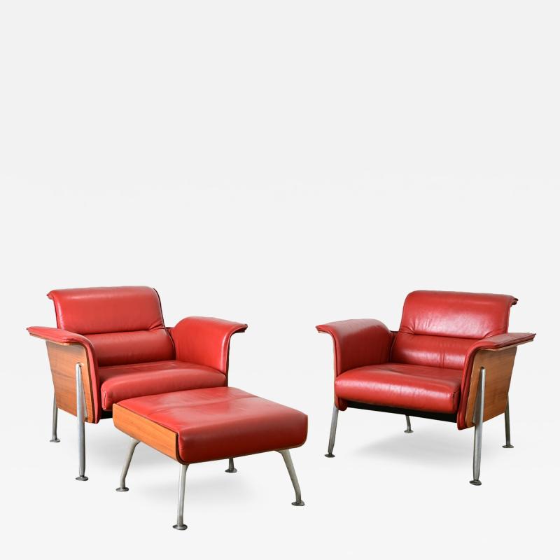  Wilkhahn Pair of German Leather Armchairs Ottoman by Wilkhahn