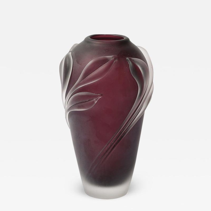  William Glasner Modernist Frosted Smoked Amethyst Floral Detail Glass Vase by William Glasner