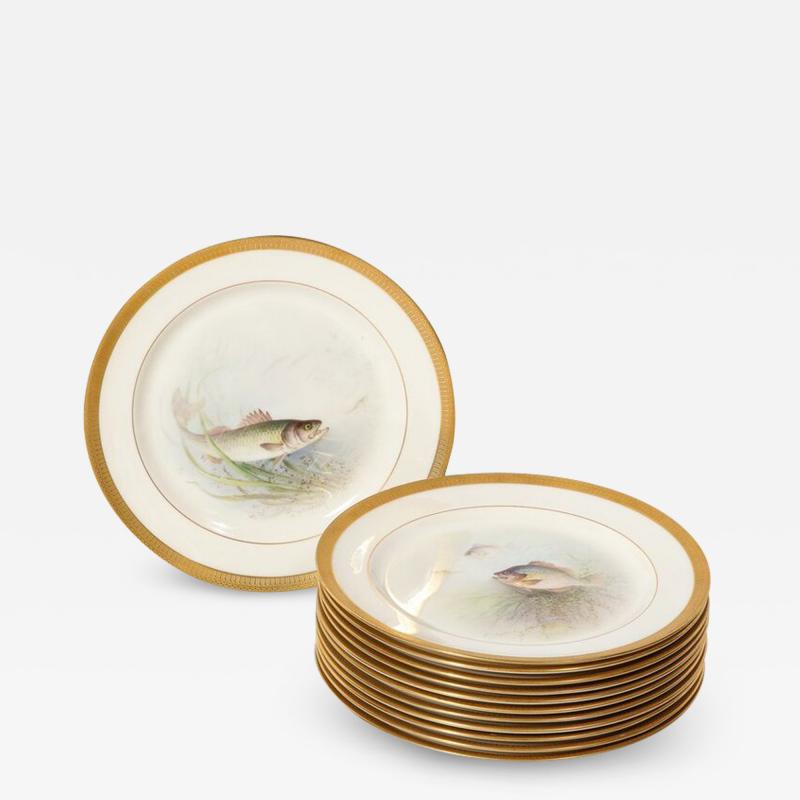  William Morley Set of Twelve Hand Painted Lenox Porcelain Fish Plates signed William Morley