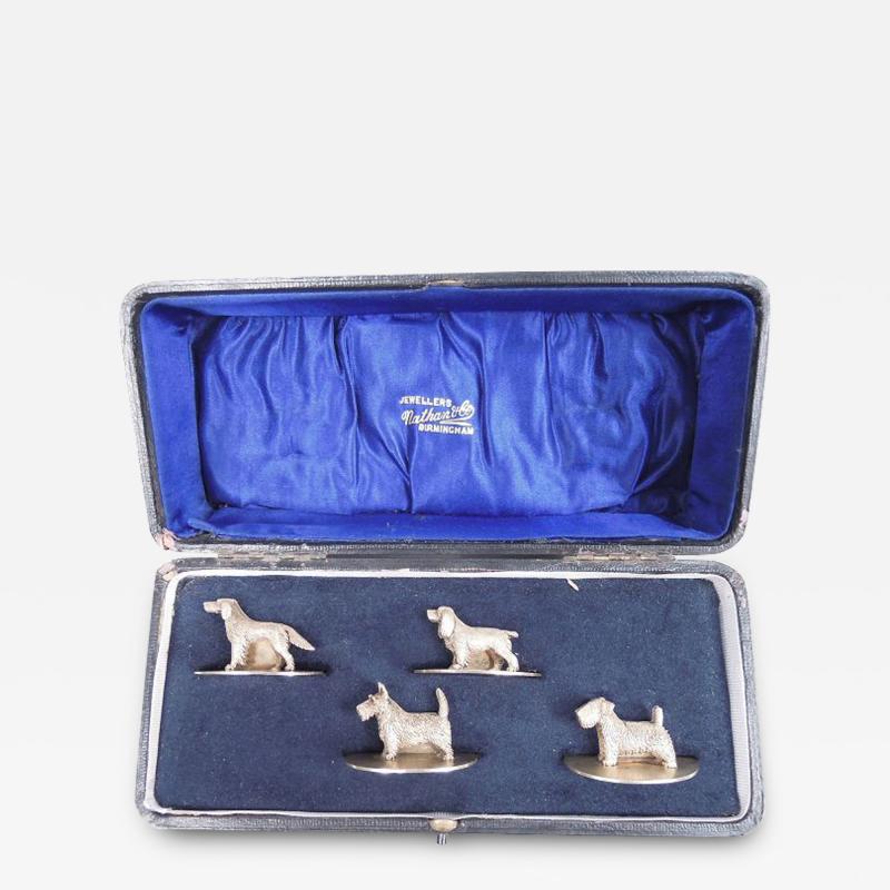  William Suckling Set of 4 English Gilt Sterling Silver Canine Medley Place Card Holders