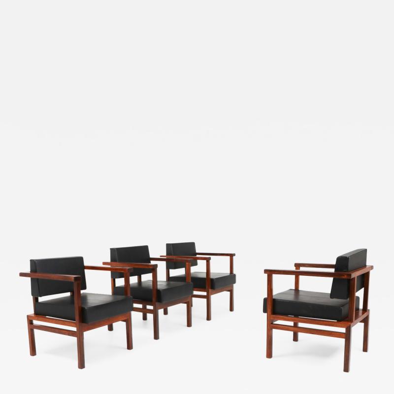  Wim Den Boon Wim Den Boon Executive Chairs in Black Leather and Rosewood 1950s