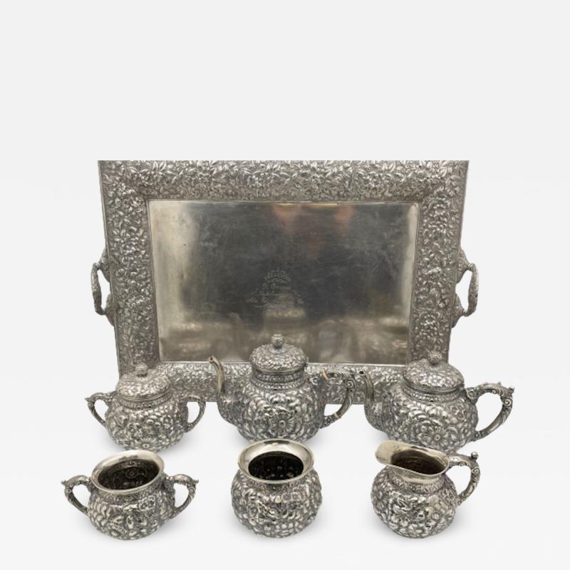  Wood Hughes Wood Hughes Sterling Silver 6 Piece Repousse 19th Century Tea Set with Tray