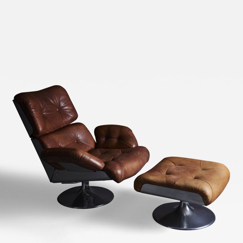  Xavier Feal Xavier Feal leather Lounge Chair with Ottoman France 1970s