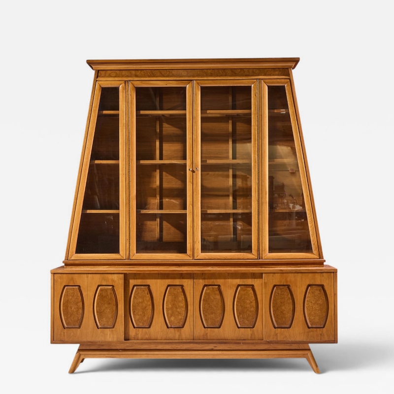  Young Manufacturing Company Young Manufacturing Mid Century Walnut Burlwood Sliding Door Credenza and Hutch
