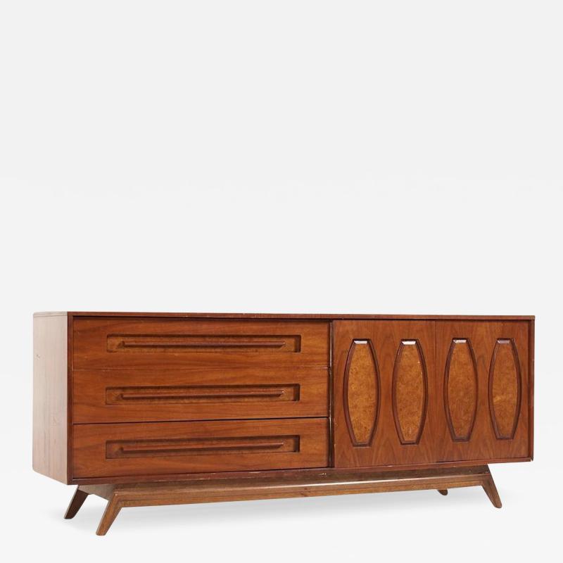  Young Manufacturing Company Young Manufacturing Mid Century Walnut and Burlwood Lowboy Dresser