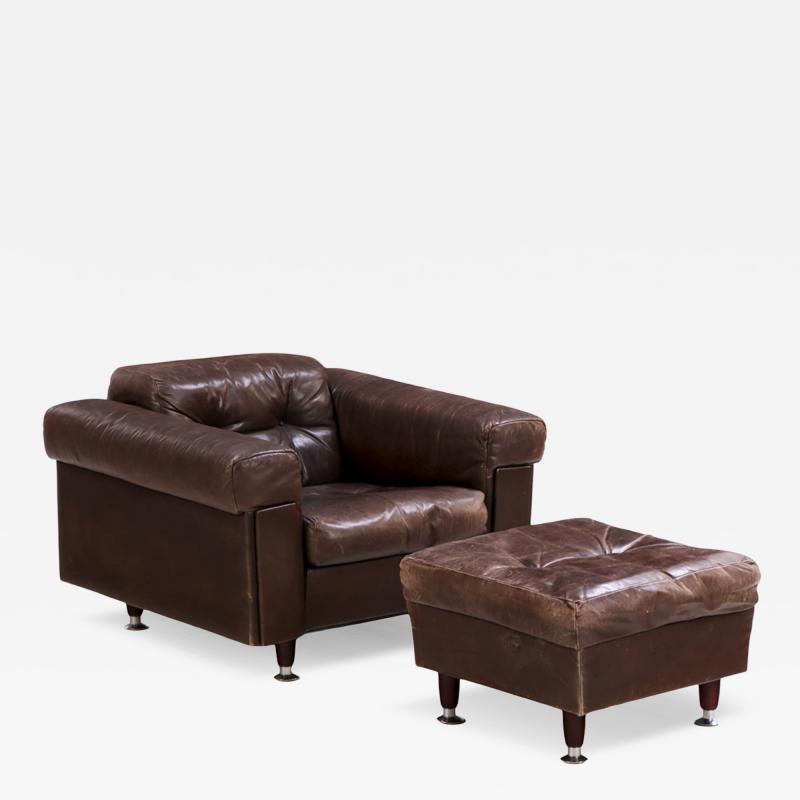 de Sede 1970s Swiss Leather Lounge Chair Ottoman in the Style of De Sede